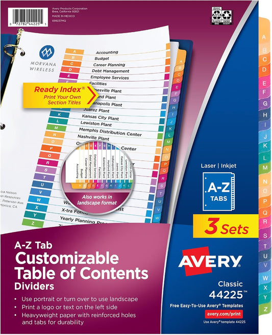 Avery A-Z Dividers for 3 Ring Binders, 26 Tabs per Set, Customizable Table of Contents, Multicolor Tabs, Great for Organizing Reports, Projects, and More (3 Sets of 44225)