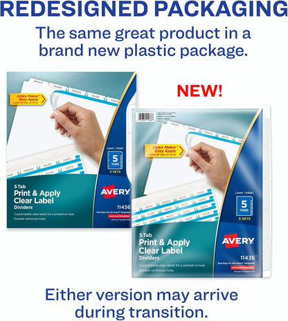 Avery Index Maker Clear Label Dividers, 5-Tab, White, 5 Sets
