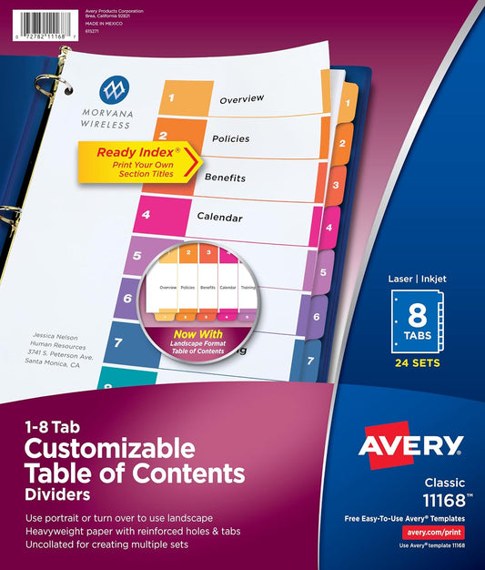 Avery Ready Index Table of Contents Dividers, 8-Tab, Color, 24 Sets