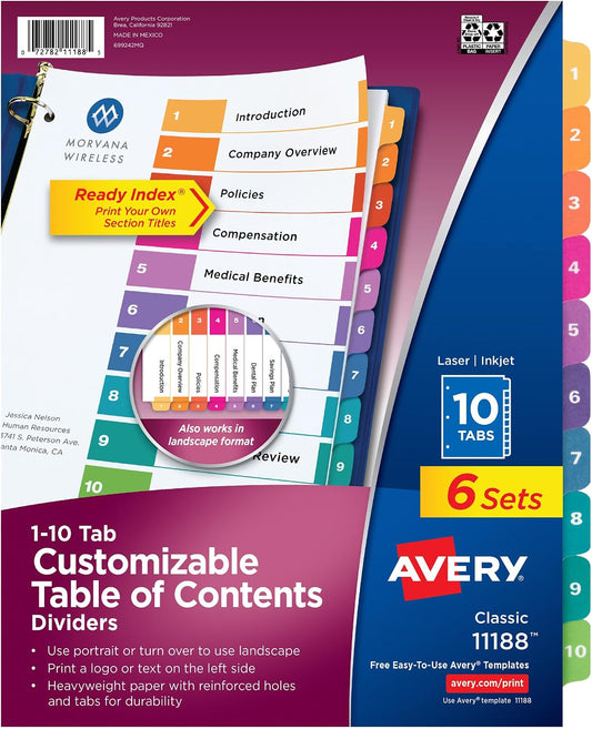 Avery Ready Index Table of Contents Dividers, 10-Tab, Color, 6 Sets