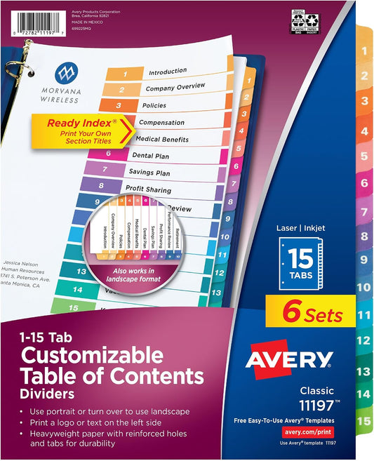Avery Ready Index Table of Contents Dividers, 15-Tab, Color, 6 Sets