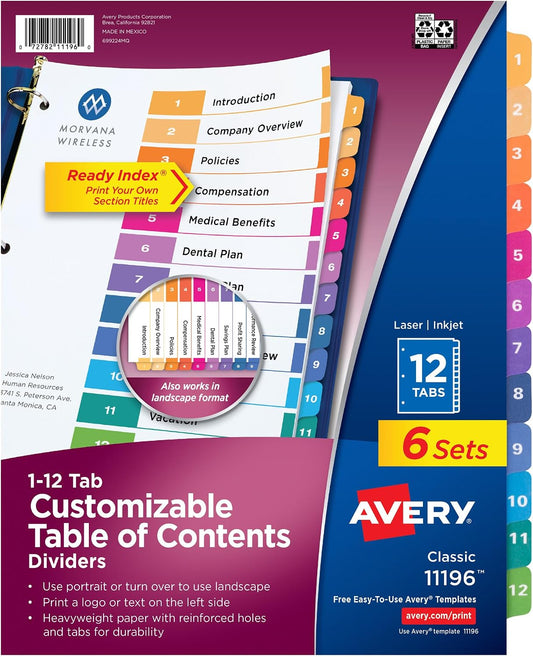 Avery® Ready Index® Table of Contents Dividers, 12-Tab, Color, 6 Sets
