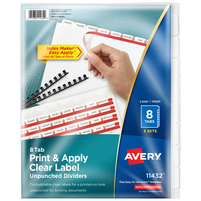 Avery® Index Maker® Clear Label Dividers, 8-Tab, Unpunched, 150 Sets