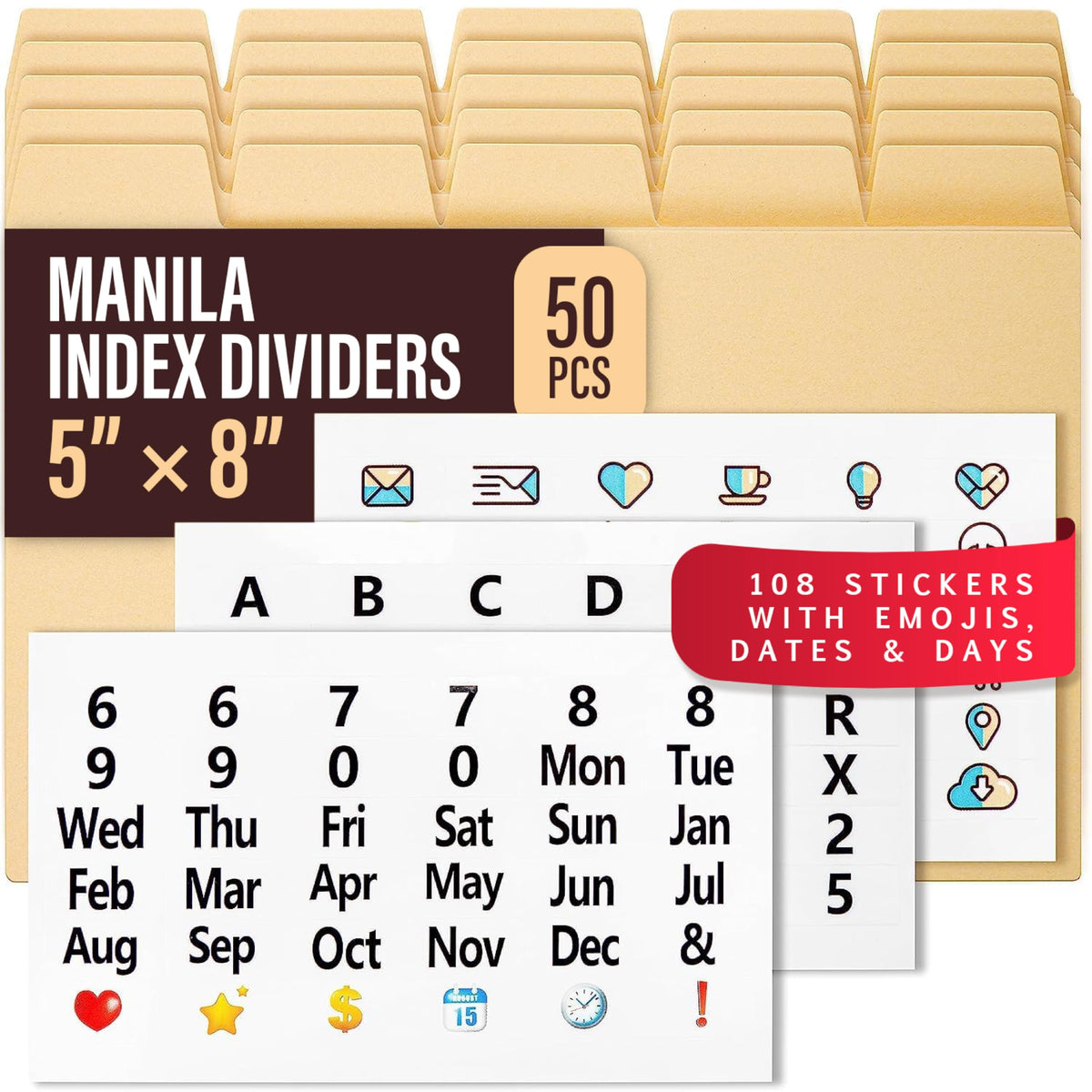25 Heavyweight Manila Index Card Box Dividers with Tabs & 108 Stickers, Alphabetical File Dividers for 5x8 Index Card Box
