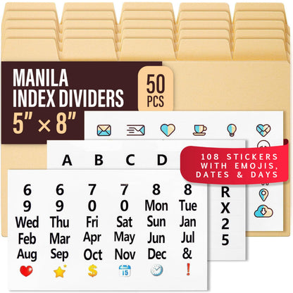 25 Heavyweight Manila Index Card Box Dividers with Tabs & 108 Stickers, Alphabetical File Dividers for 5x8 Index Card Box
