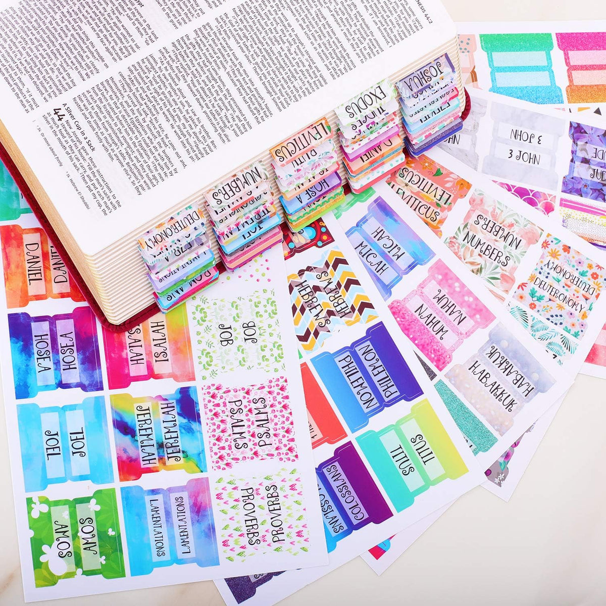Colorful Floral Bible Tabs Laminated with Matte Film, Cute Bible tabs for Women and Girl, 90 Bible Index tabs in Total, 66 tabs for Old and new Testament, Additional 24 Blank tabs