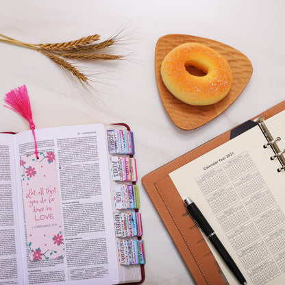 Colorful Floral Bible Tabs Laminated with Matte Film, Cute Bible tabs for Women and Girl, 90 Bible Index tabs in Total, 66 tabs for Old and new Testament, Additional 24 Blank tabs