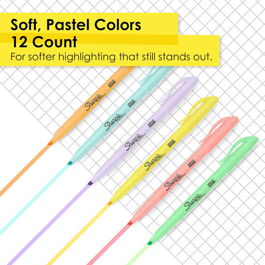 Sharpie Pocket Highlighters, Mild Pastel Colors, Assorted, Chisel Tip, 144 Count - School, Home, and Office Use, Teacher Supplies, Pack of 12
