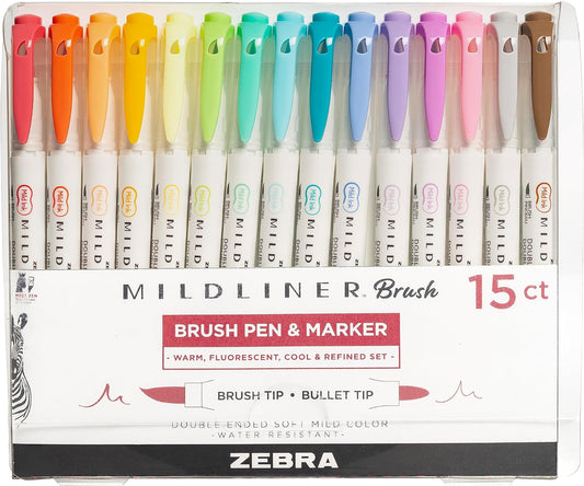 Zebra Pen MILDLINER No Bleed Brush Pen, Assorted Soft, Dual Tip, 15-Pack