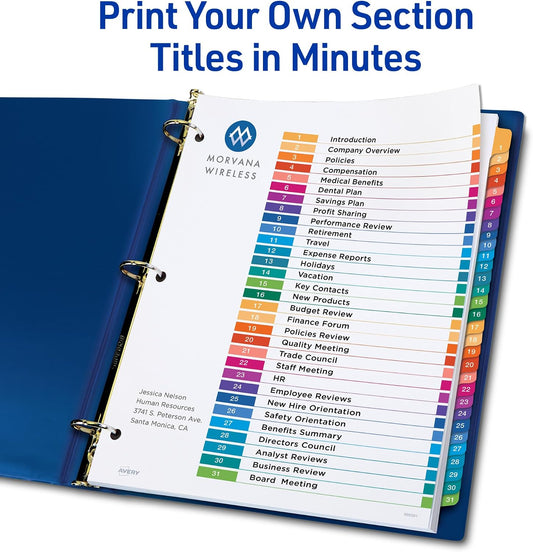 Avery Table of Contents Dividers, 1-31 Tab, Multicolor, 3 Sets