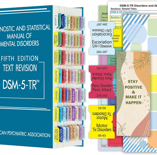 Improved Index Tabs for DSM-5-TR, Color-Coded & Laminated DSM-V-TR Book Tabs, 94 Printed Tabs with 6 Blank Ones, Alignment Guide and Disorders Description Sheet Included, Tear-Resistant & Waterproof