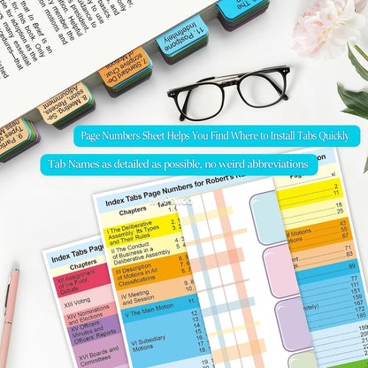 Index Tabs for Robert's Rules of Order Newly Revised, 12th Edition, 90 Color-Coded & Laminated Book Tabs with Alignment Guide (Book Not Included), Repositionable and Long-Lasting