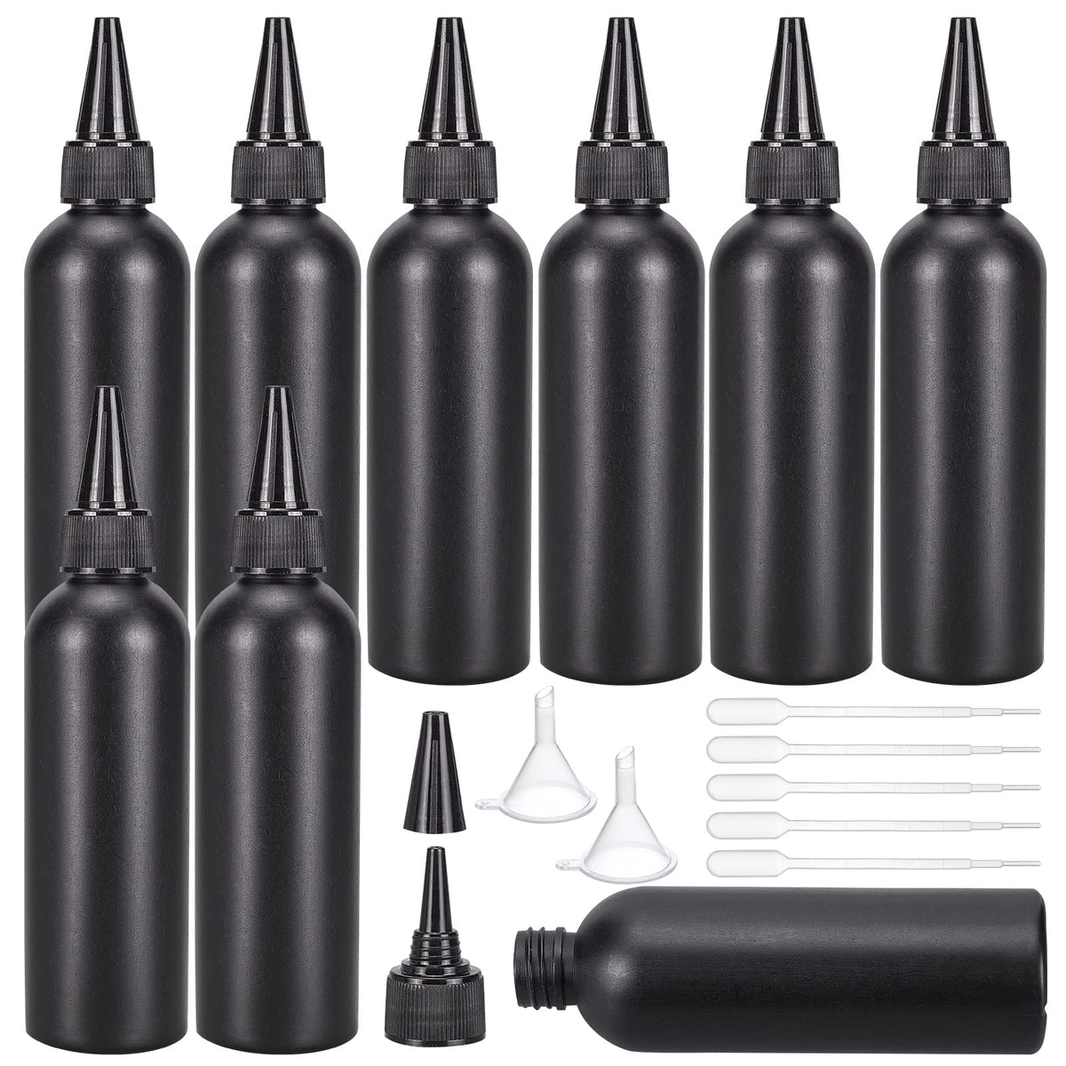 BENECREAT 16Pcs 120ml/4.06oz Black Plastic Squeeze Bottles, Squeeze Condiment Bottles with 2Pcs Funnels and 10Pcs Transfer Pipettes for Ink Tattoo Liquid Painting Glue