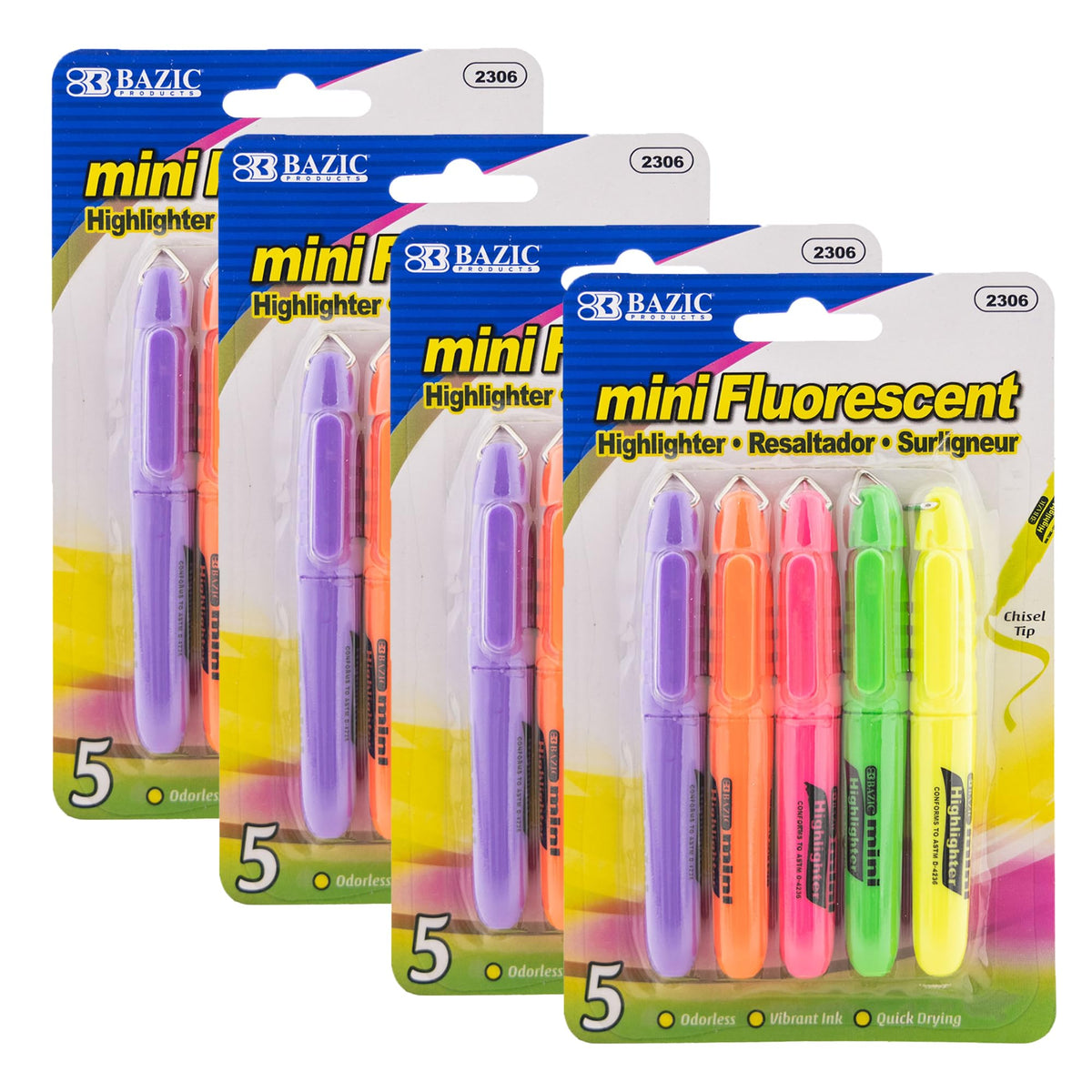 BAZIC PRODUCTS Mini Pastel Highlighters, Chisel Tip, 5 Count, 24-Box