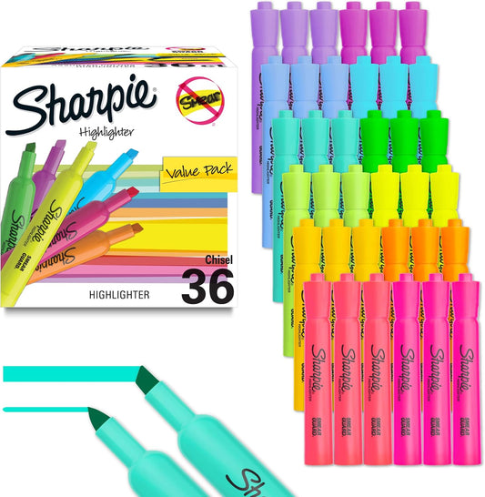 Sharpie Tank Highlighters, Chisel Tip, 12 Assorted Fashion Colors, Value Pack, 36 Count - For Studying, Note-Taking, School, College, Office, Student & Teacher Supplies