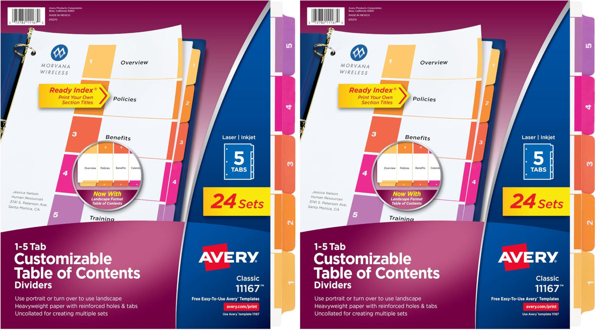 Avery Ready Index Table of Contents Dividers, 5-Tab, Color, 24 Sets