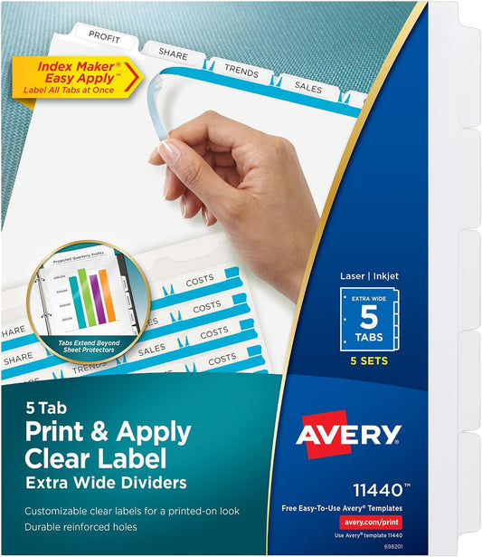 Avery® Index Maker® Clear Label Dividers, 5-Tab, Extra Wide, 5 Sets