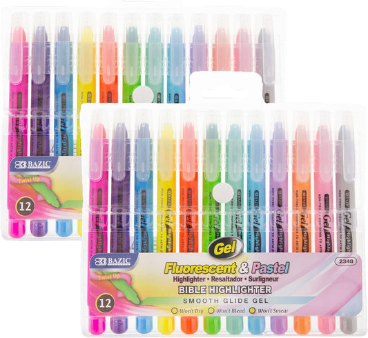 BAZIC PRODUCTS Gel Bible Highlighters, 12 Colors, No Bleed, 2-Pack
