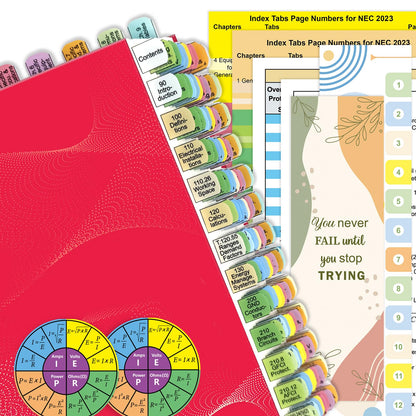 Plastic Index Tabs for 2026 NEC (Book Not Included), 152 Printed Tabs + Blanks, Color-Coded and Durable, with Page Index/Wire Chart & Formula Guide/2 Ohm’s Law Stickers/Alignment Card