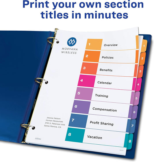 Avery Ready Index Table of Contents Dividers, 8-Tab, Color, 24 Sets