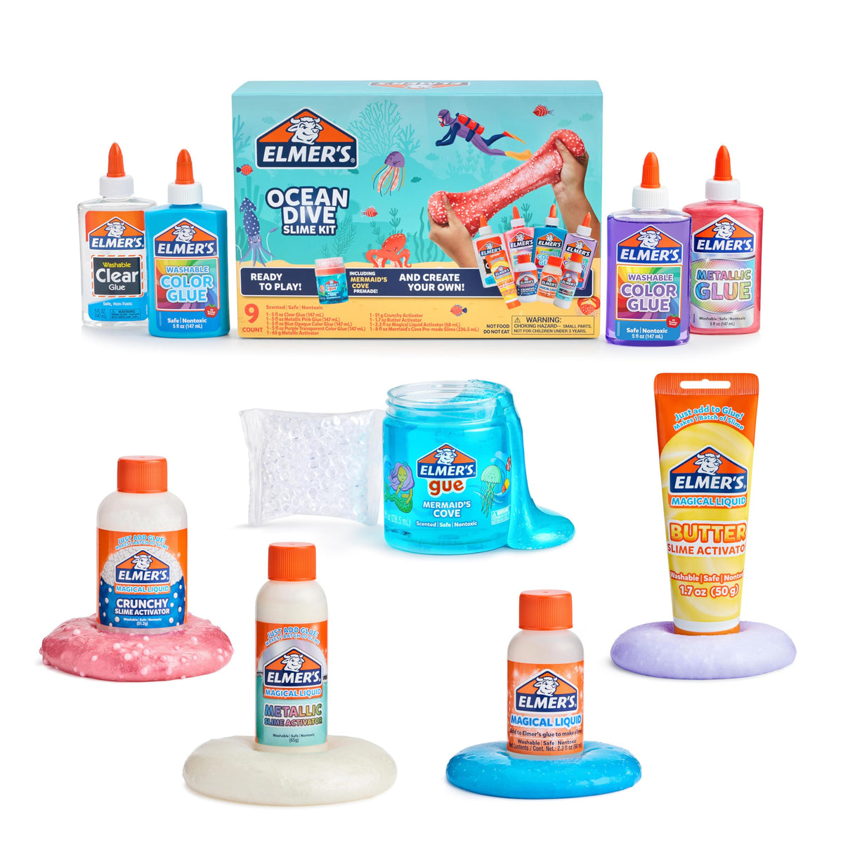 Elmer's Ocean Dive Slime Kit, Slime Supplies Include Liquid Glue, Activator, and Premade Slime, 9 Count - Creative Activity, Kids Summer Fun