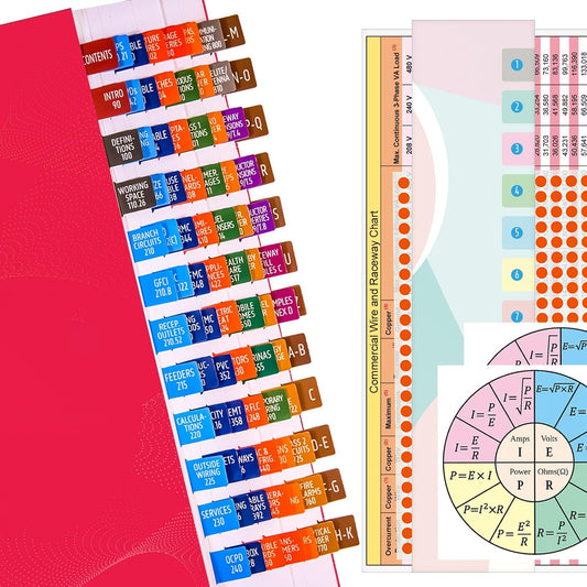 Index Tabs for NEC 2023 Code Book – Color-Coded for Quick Navigation – with Wire & Raceway Chart, Formula Guide, 2 Ohm’s Law Stickers, Page Numbers Sheet & Alignment Guide (Book Not Included)