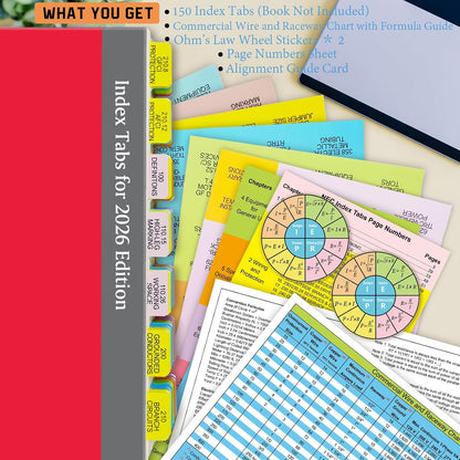 Index Tabs for 2026 NEC Code Book (Book not Included), 134 Printed NEC Tabs with 16 Blank Tabs, Color-Coded and Laminated, with Wire Chart & 2 Ohm's Law Stickers