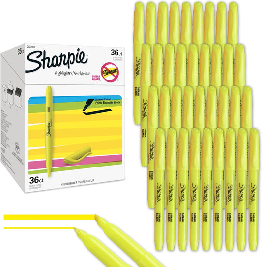 Sharpie Pocket Highlighters, Fluorescent Yellow, Smear-Resistant, Chisel Tip, 36 Count - Classroom, Back to School Essentials, Teacher Supplies
