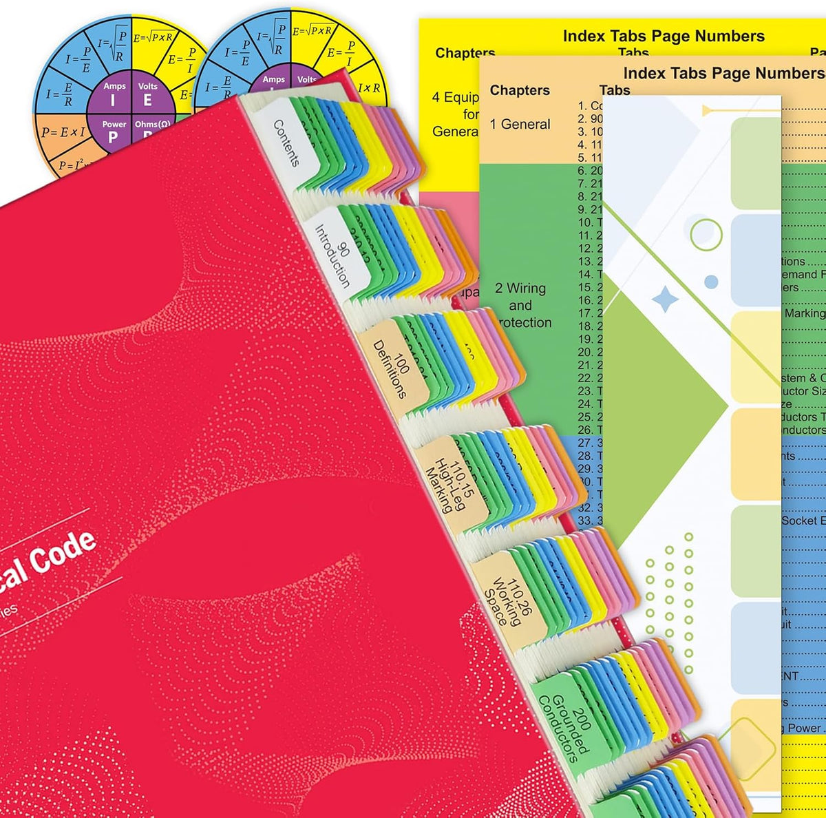 Electrical Code Tabs for NEC 2023, 140 PCS Laminated & Color-Coded for National Electrical Code, with Formula Guide/Wire Chart/2 Ohm’s Law Wheel Stickers/Page Numbers Card (Book Not Included)