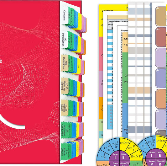 Upgraded 2023 National Electrical Code (NEC) Book Tabs, 140 Color-Coded & Laminated Index Tabs, with Ohm's Law Stickers, Wire Chart & Page Numbers Sheet (Book not Included)