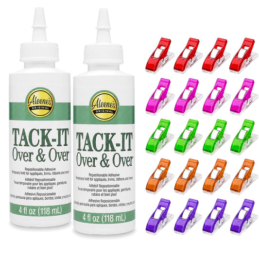 Aleenes Tack-It Over & Over Liquid Glue (2-Pack) (4 oz) + 20 Pixiss Fabric Clips – Perfect for Temporary Fabric Bonding, Crafts, and Appliqué Projects