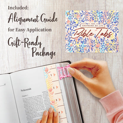 Bloom Gold™ Best Bible Tabs for Women – Soul Nourishing Book Summaries – 66 Peel-and-Stick Large Print Laminated Bible Book Tabs | Floral Tabs for Bible Study Supplies, Shepherd of Life