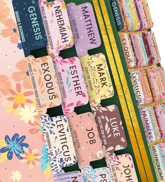 Bloom Gold™ Best Bible Tabs for Women – Soul Nourishing Book Summaries – 66 Peel-and-Stick Large Print Laminated Bible Book Tabs | Floral Tabs for Bible Study Supplies, Shepherd of Life